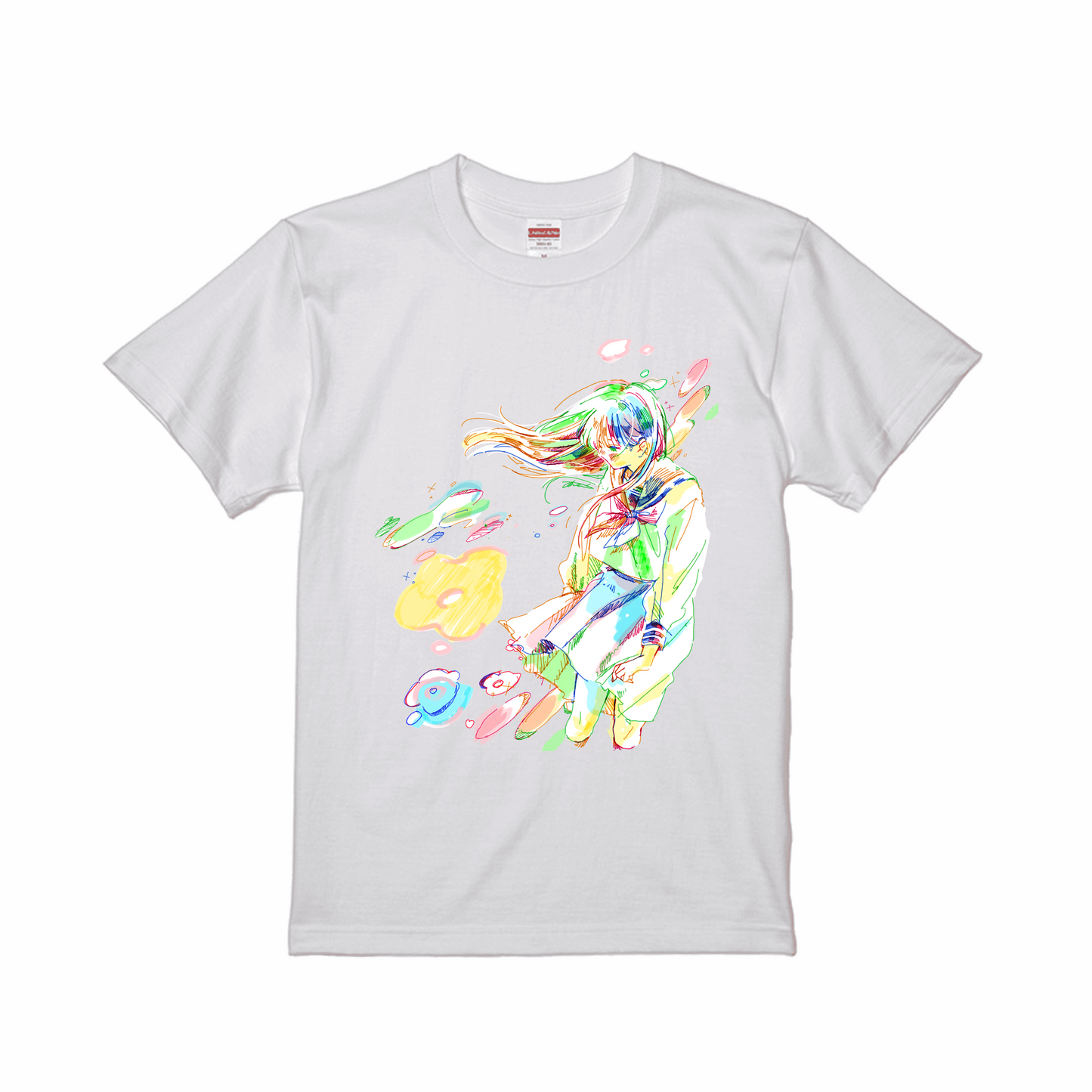 ホワイトスタンダード半袖Tシャツ XLサイズ 花 イエロー ピンク キラキラ グリーン 女の子 カラフル