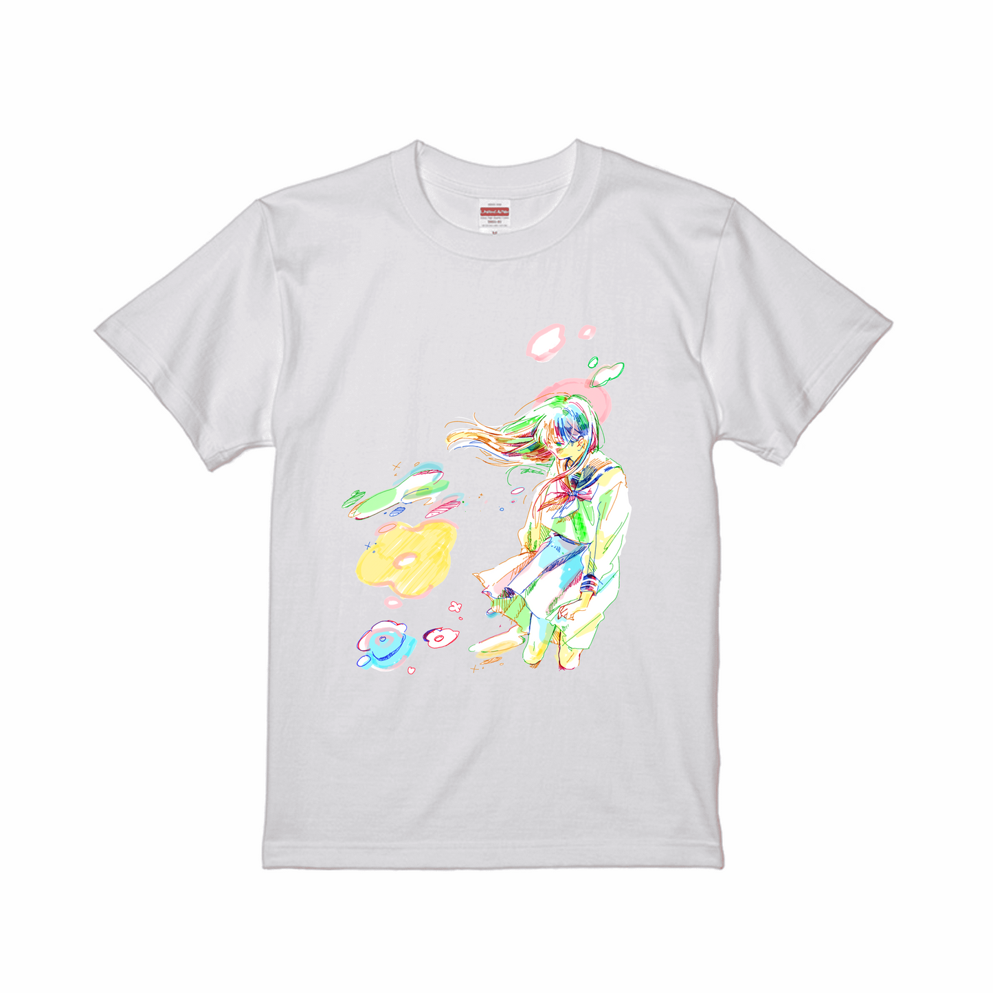 ホワイトスタンダード半袖Tシャツ XLサイズ 女の子 カラフル 花 ピンク イエロー キラキラ グリーン